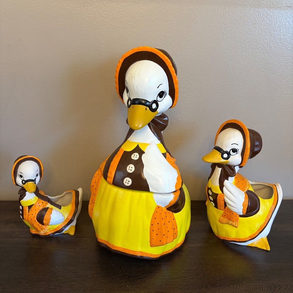 Vintage 1986 Mother Goose Ceramic Cookie Jar and Planter Set 3pc Yellow Brown